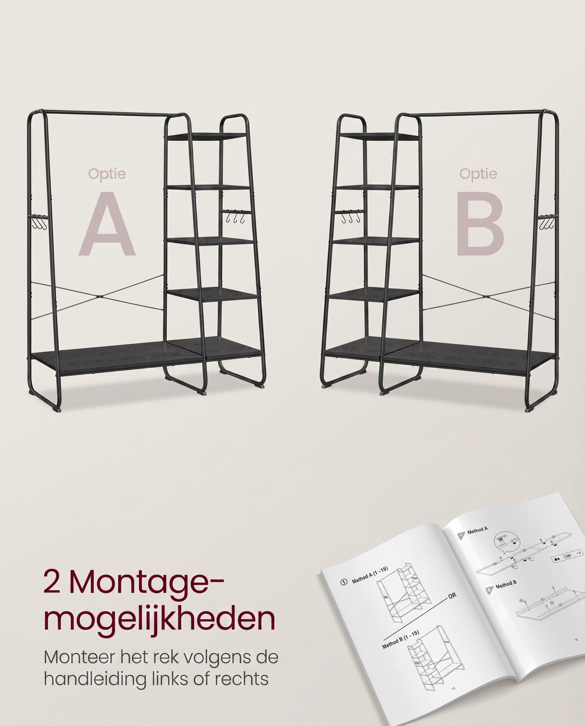 Kledingrek 5 Niveaus met Kledingroede, Schoenenrek en 6 Haken, 45 x 120 x 160 cm