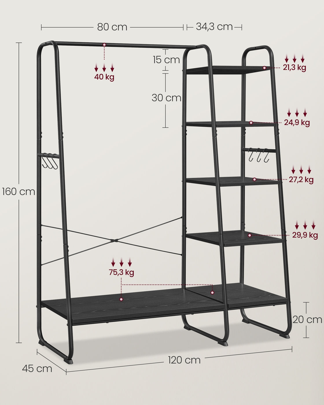 Kledingrek 5 Niveaus met Kledingroede, Schoenenrek en 6 Haken, 45 x 120 x 160 cm