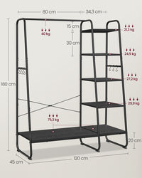 Kledingrek 5 Niveaus met Kledingroede, Schoenenrek en 6 Haken, 45 x 120 x 160 cm