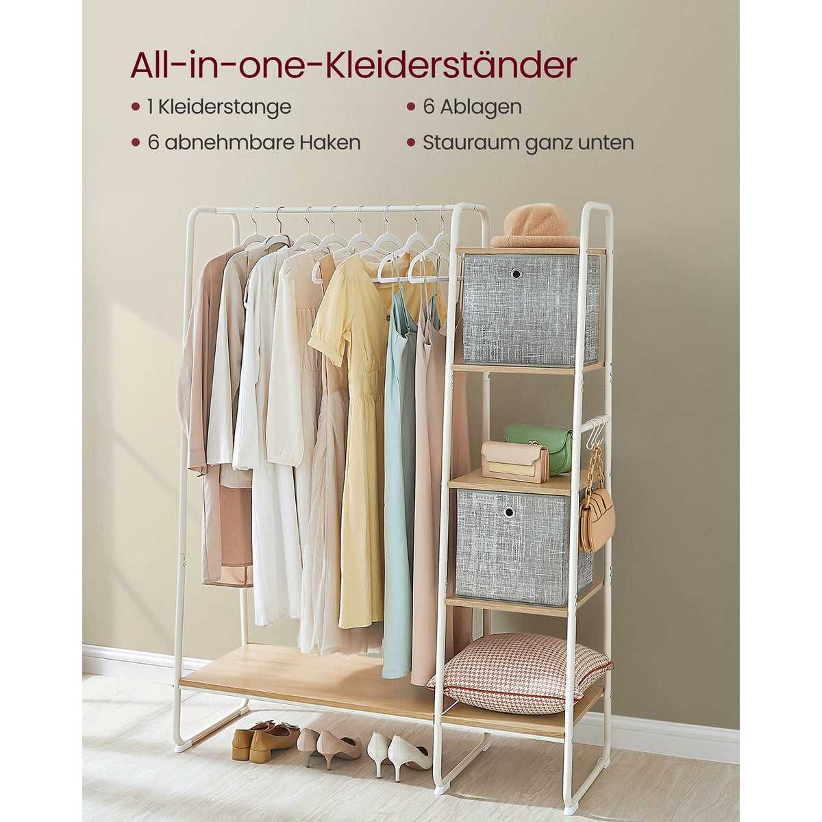 Kledingrek 5 Niveaus met Kledingroede, Schoenenrek en 6 Haken, 45 x 120 x 160 cm