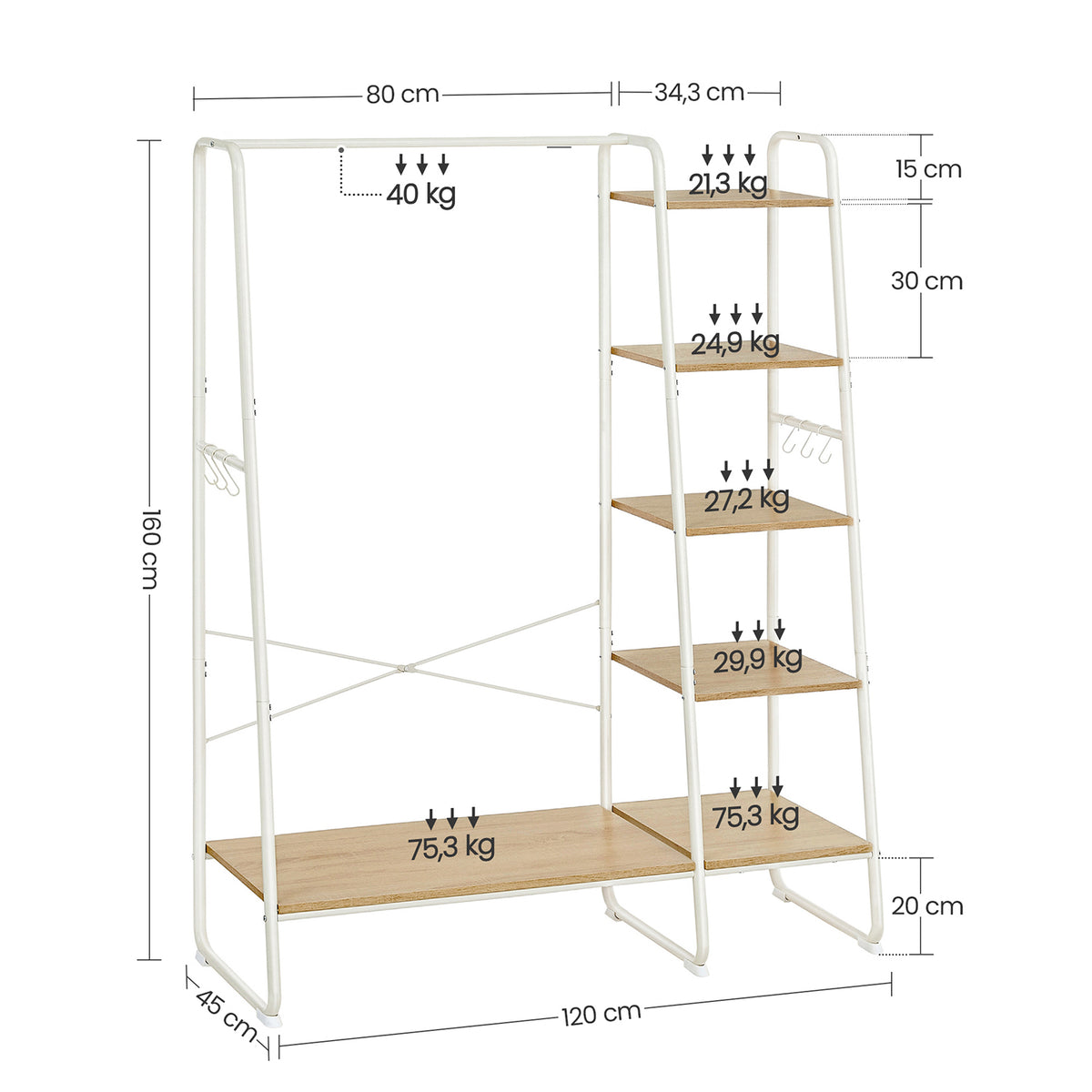 Kledingrek 5 Niveaus met Kledingroede, Schoenenrek en 6 Haken, 45 x 120 x 160 cm