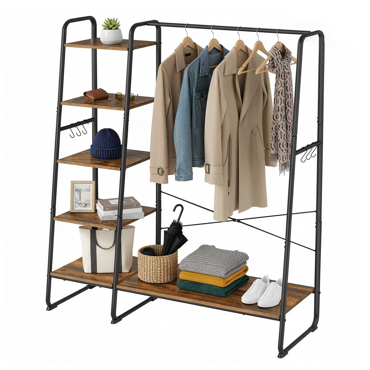 Open Kledingrek 5 Niveaus met Schoenenrek en 6 S-haken, 45 x 120 x 160 cm