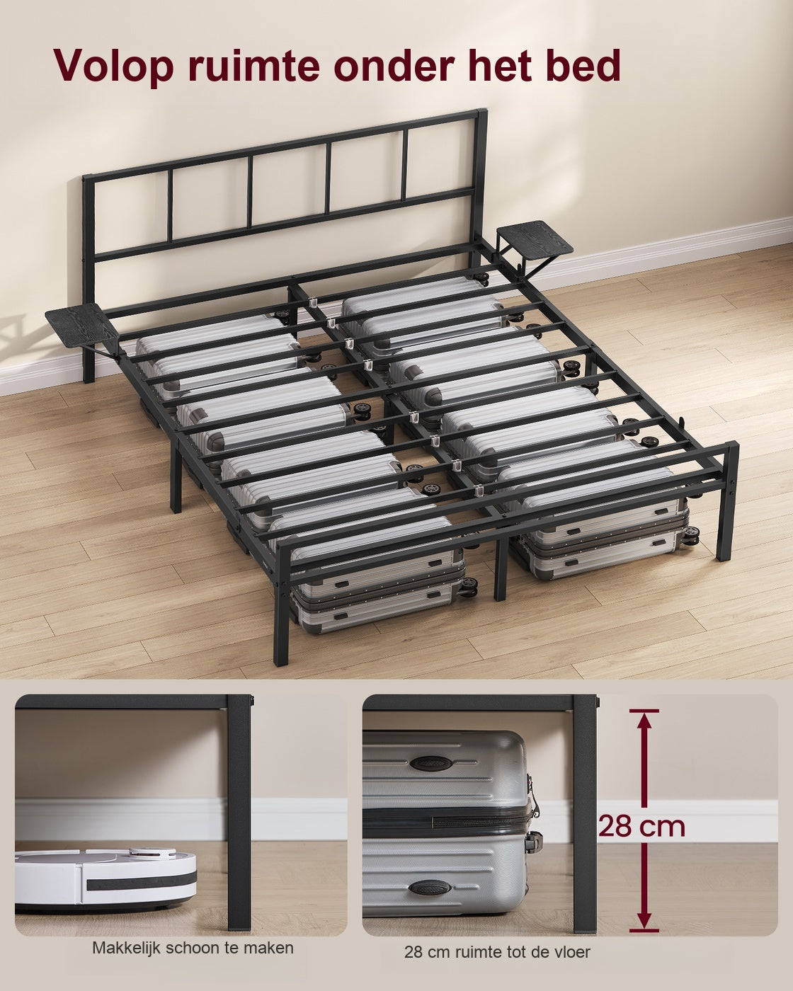 Metalen Bedframe met Hoofdbord en Opbergplanken 140 x 200 cm