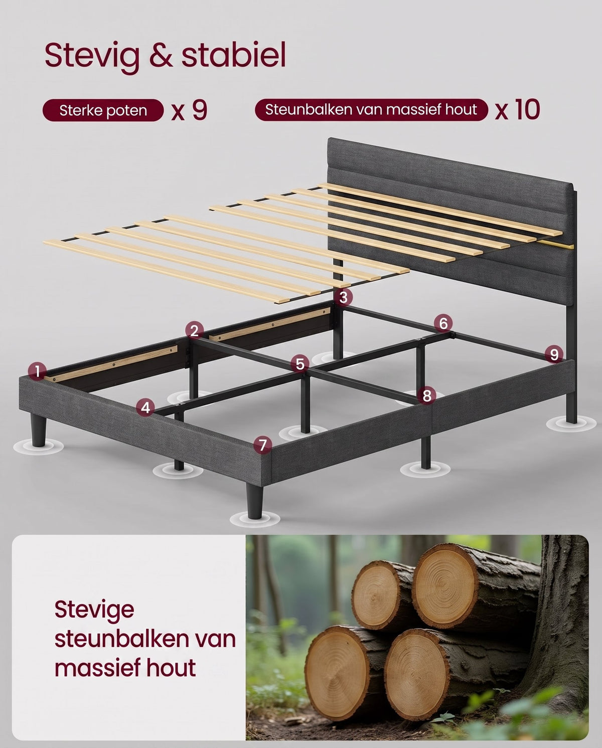 Bedframe met Verstelbaar Gestoffeerd Hoofdbord en Metalen Frame, Leigrijs