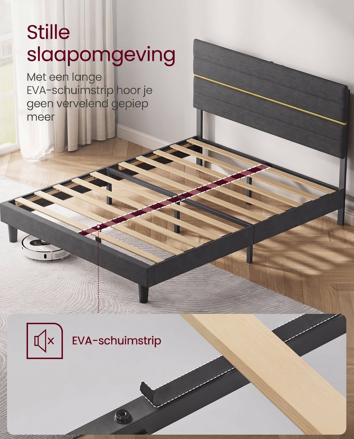 Bedframe met Verstelbaar Gestoffeerd Hoofdbord en Metalen Frame, Leigrijs