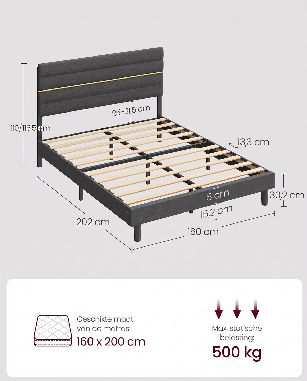 Bedframe met Verstelbaar Gestoffeerd Hoofdbord en Metalen Frame, Leigrijs