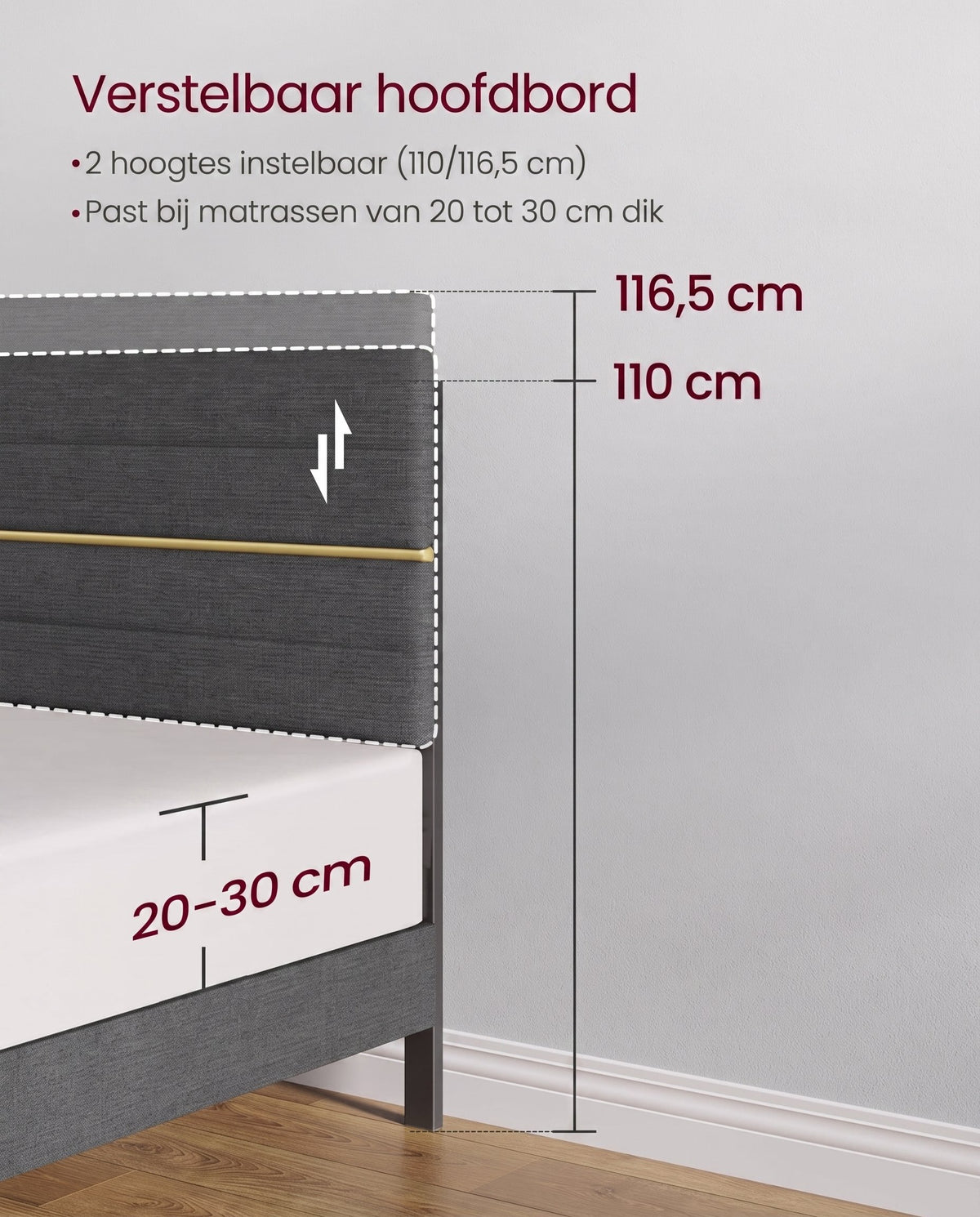 Bedframe met Verstelbaar Gestoffeerd Hoofdbord en Metalen Frame, Leigrijs