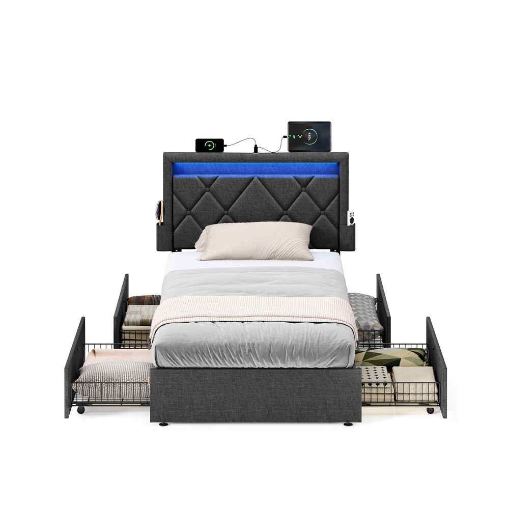 Gestoffeerd Bedframe met 4 Lades, Ledverlichting en Laadstation, Verstelbaar Hoofdbord