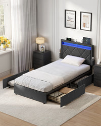 Gestoffeerd Bedframe met 4 Lades, Ledverlichting en Laadstation, Verstelbaar Hoofdbord