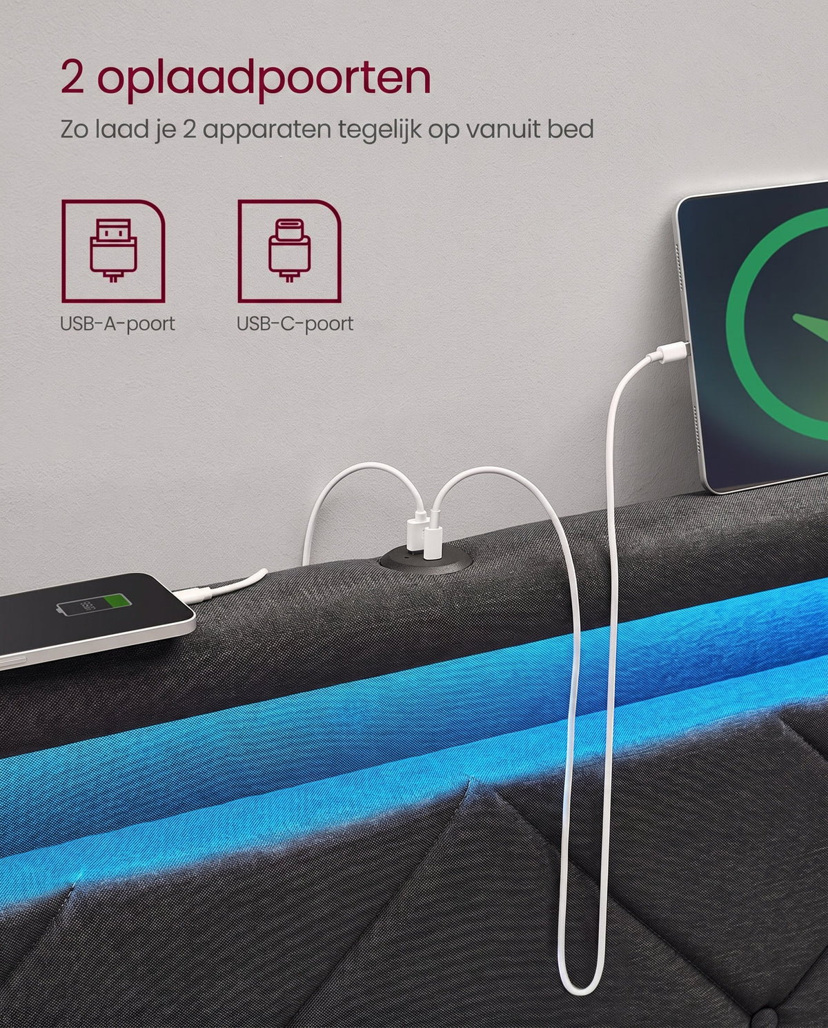 Gestoffeerd Bedframe met 4 Lades, Ledverlichting en Laadstation, Verstelbaar Hoofdbord