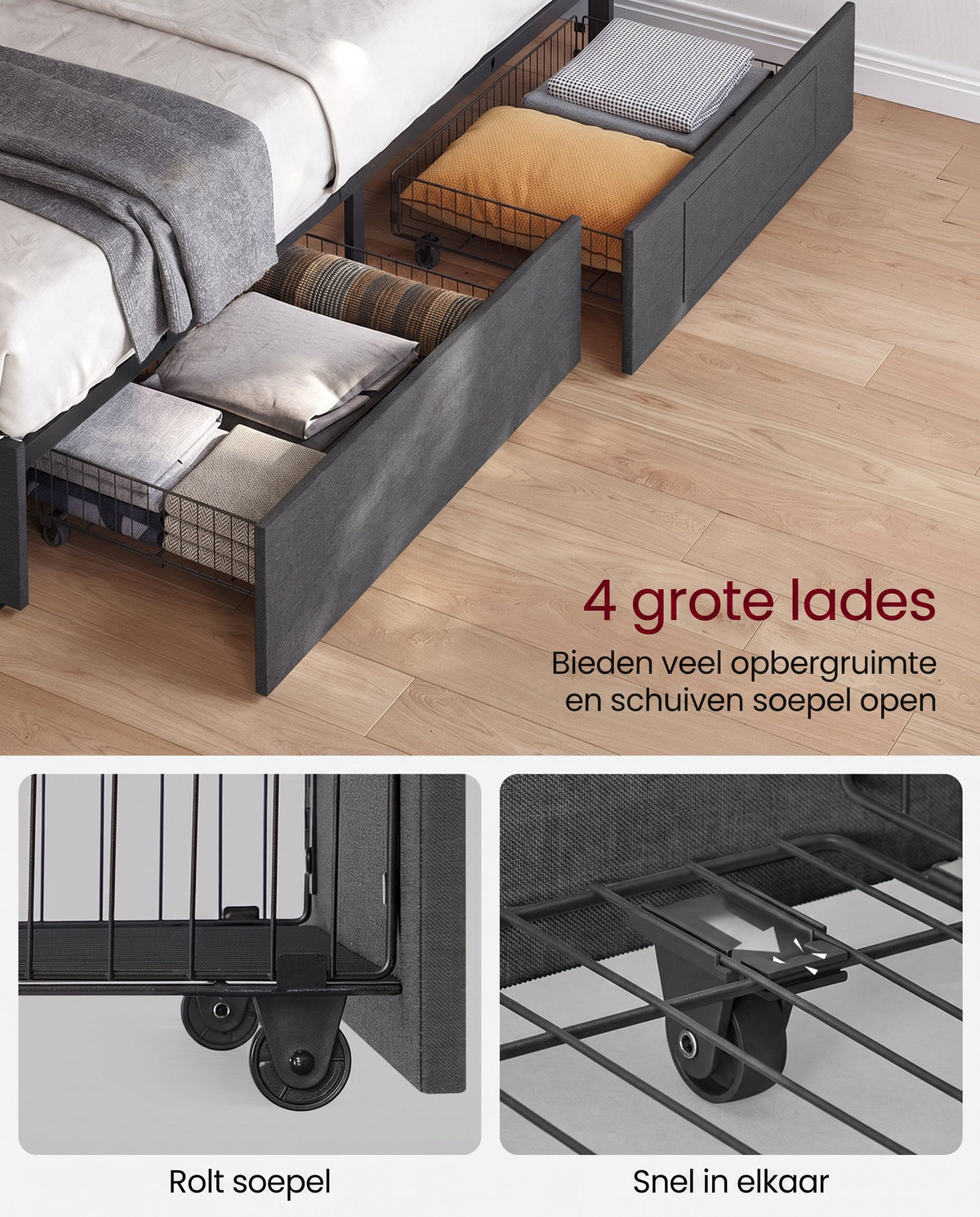 Gestoffeerd Bedframe met 4 Lades, Ledverlichting en Laadstation, Verstelbaar Hoofdbord