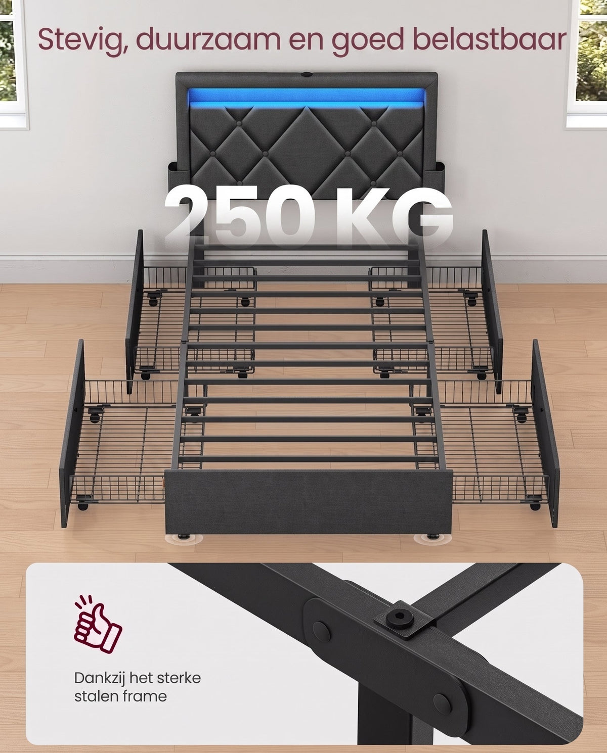 Gestoffeerd Bedframe met 4 Lades, Ledverlichting en Laadstation, Verstelbaar Hoofdbord