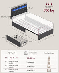 Gestoffeerd Bedframe met 4 Lades, Ledverlichting en Laadstation, Verstelbaar Hoofdbord