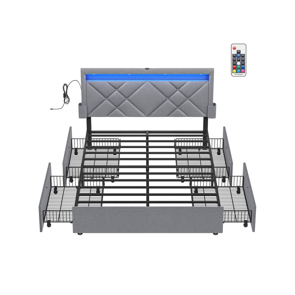Gestoffeerd Bedframe met 4 Lades, Ledverlichting en Laadstation, Verstelbaar Hoofdbord