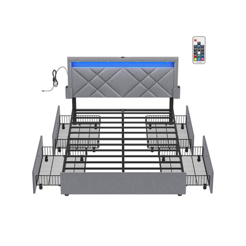 Gestoffeerd Bedframe met 4 Lades, Ledverlichting en Laadstation, Verstelbaar Hoofdbord