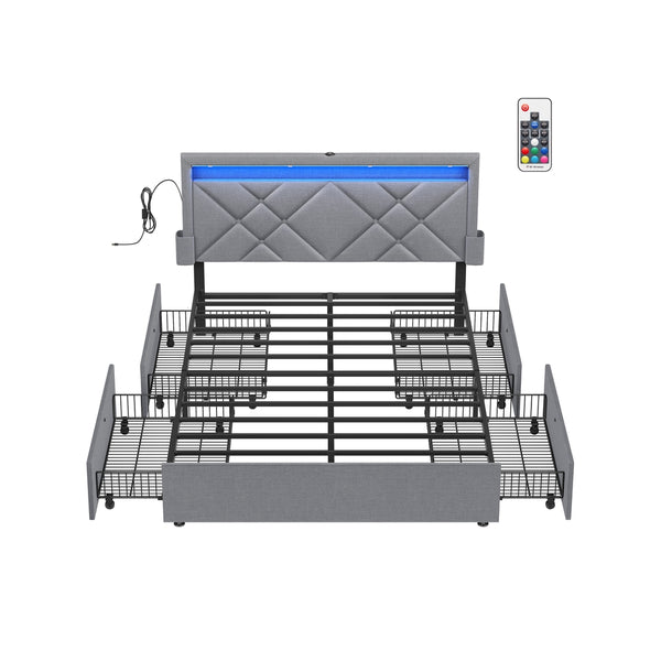 Gestoffeerd Bedframe met 4 Lades, Ledverlichting en Laadstation, Verstelbaar Hoofdbord