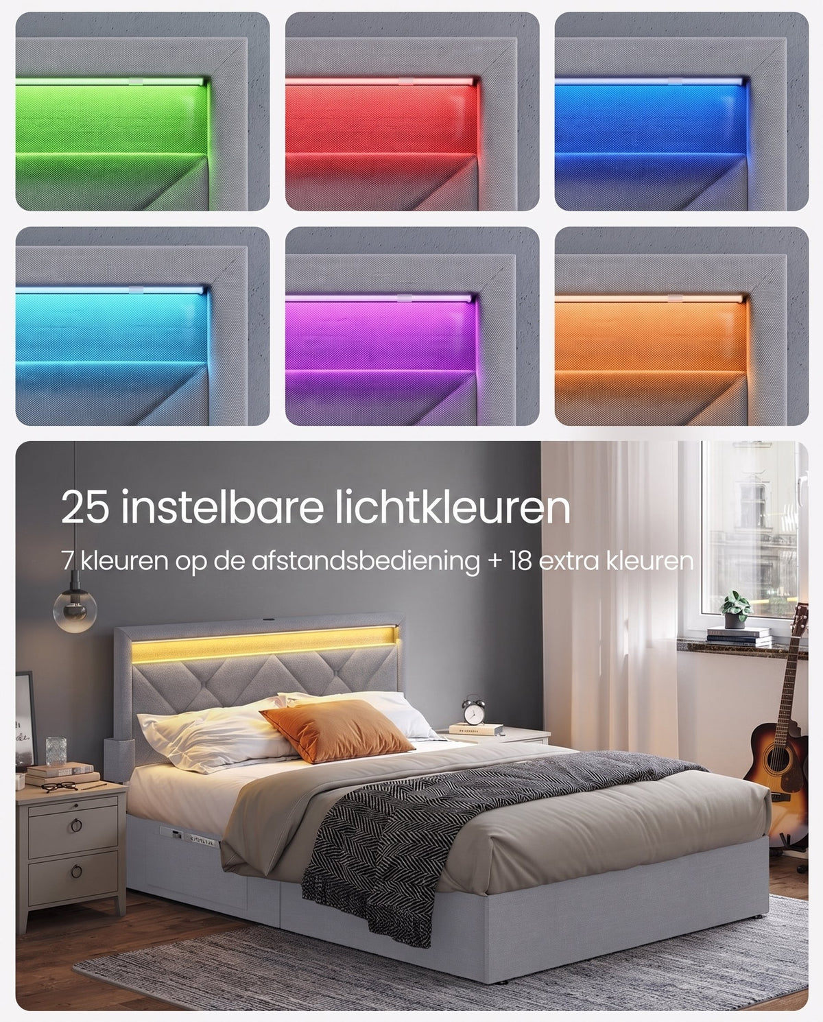 Gestoffeerd Bedframe met 4 Lades, Ledverlichting en Laadstation, Verstelbaar Hoofdbord