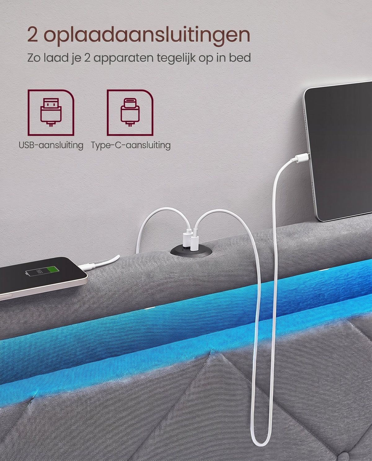 Gestoffeerd Bedframe met 4 Lades, Ledverlichting en Laadstation, Verstelbaar Hoofdbord