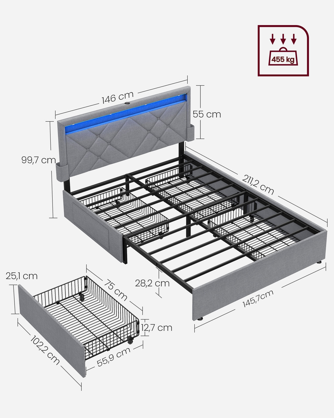 Gestoffeerd Bedframe met 4 Lades, Ledverlichting en Laadstation, Verstelbaar Hoofdbord