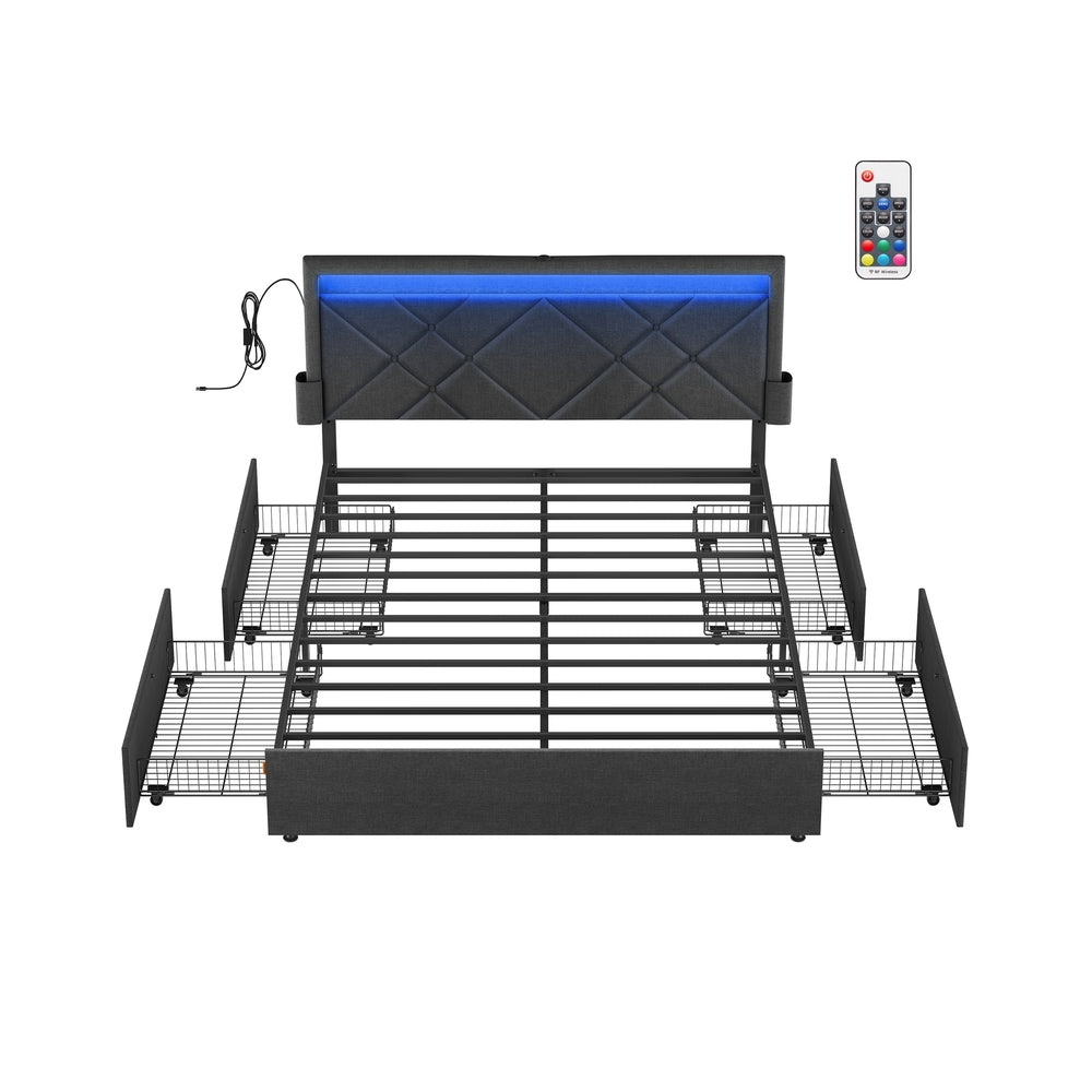 Gestoffeerd Bedframe met 4 Lades, Ledverlichting en Laadstation, Verstelbaar Hoofdbord