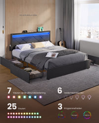 Gestoffeerd Bedframe met 4 Lades, Ledverlichting en Laadstation, Verstelbaar Hoofdbord