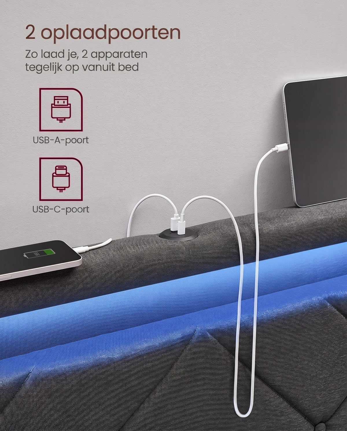 Gestoffeerd Bedframe met 4 Lades, Ledverlichting en Laadstation, Verstelbaar Hoofdbord