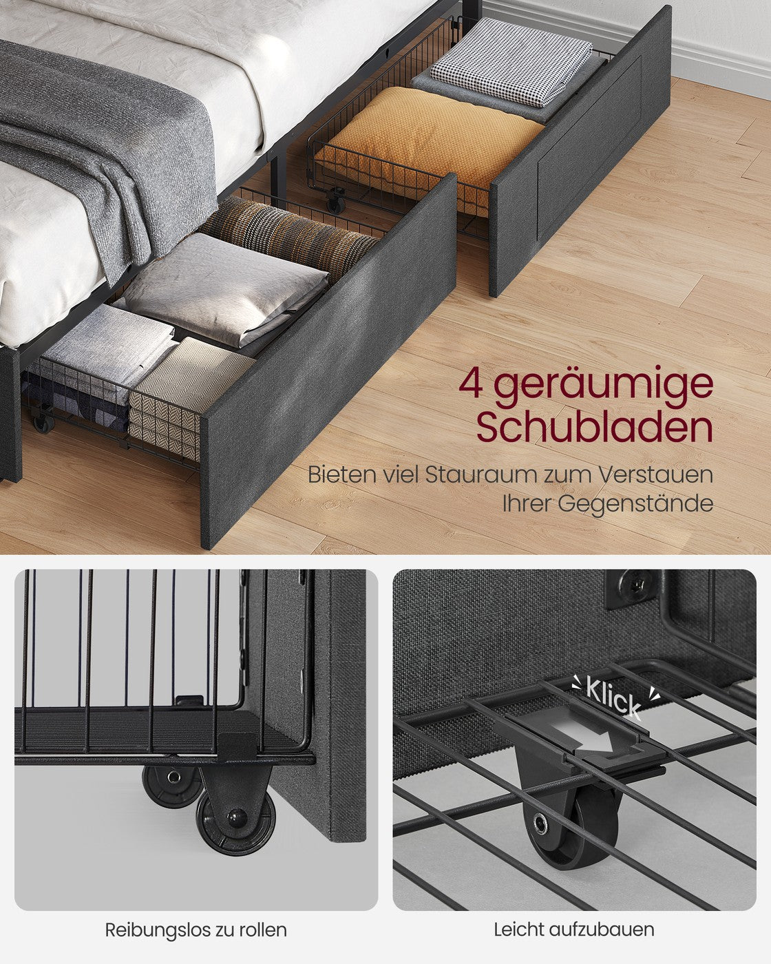 Gestoffeerd Bedframe met 4 Lades, Ledverlichting en Laadstation, Verstelbaar Hoofdbord