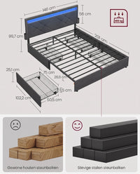 Gestoffeerd Bedframe met 4 Lades, Ledverlichting en Laadstation, Verstelbaar Hoofdbord