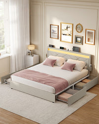 Gestoffeerd Bedframe met 4 Lades, Ledverlichting en Laadstation, Verstelbaar Hoofdbord