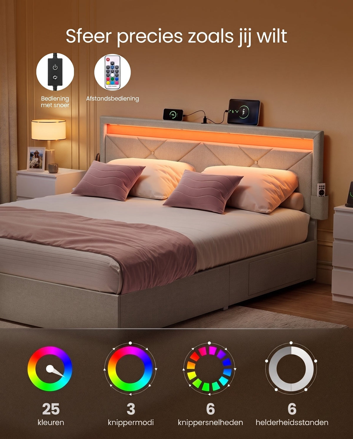 Gestoffeerd Bedframe met 4 Lades, Ledverlichting en Laadstation, Verstelbaar Hoofdbord