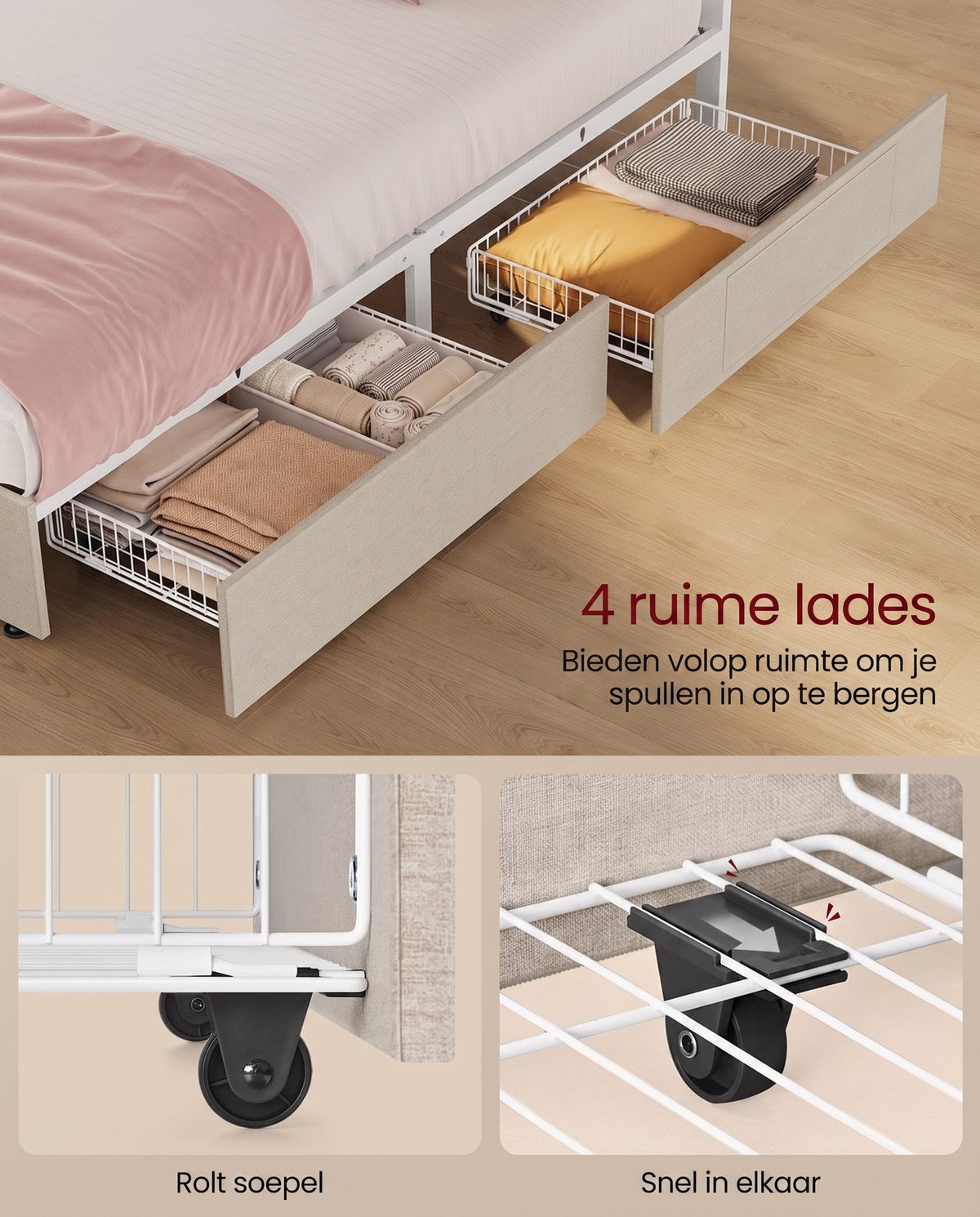 Gestoffeerd Bedframe met 4 Lades, Ledverlichting en Laadstation, Verstelbaar Hoofdbord