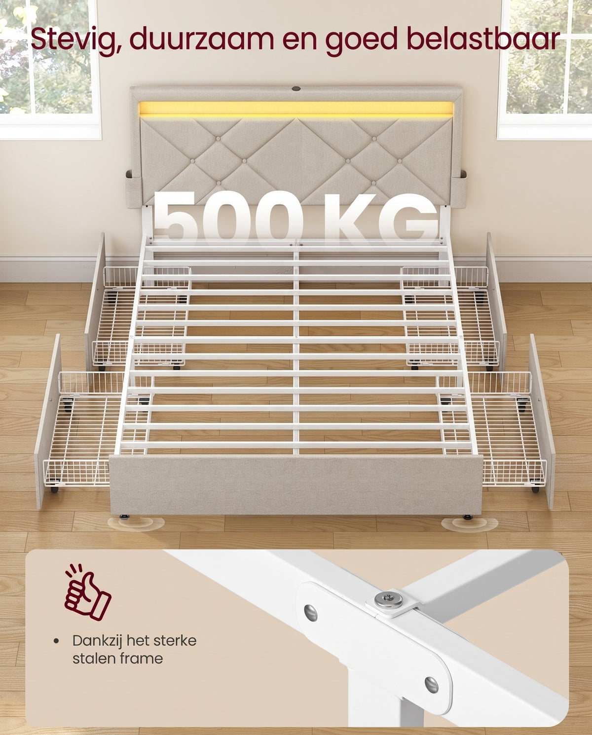 Gestoffeerd Bedframe met 4 Lades, Ledverlichting en Laadstation, Verstelbaar Hoofdbord