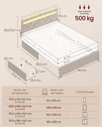 Gestoffeerd Bedframe met 4 Lades, Ledverlichting en Laadstation, Verstelbaar Hoofdbord