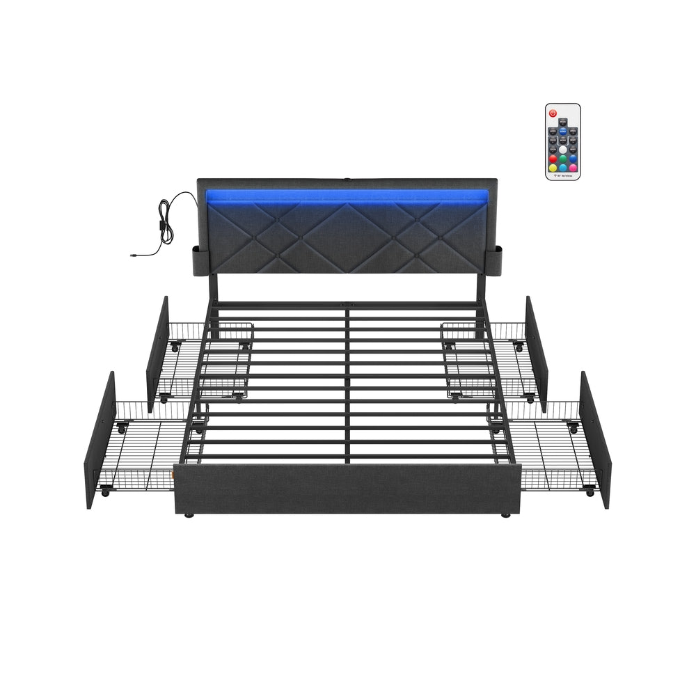 Gestoffeerd Bedframe met 4 Lades, Ledverlichting en Laadstation, Verstelbaar Hoofdbord