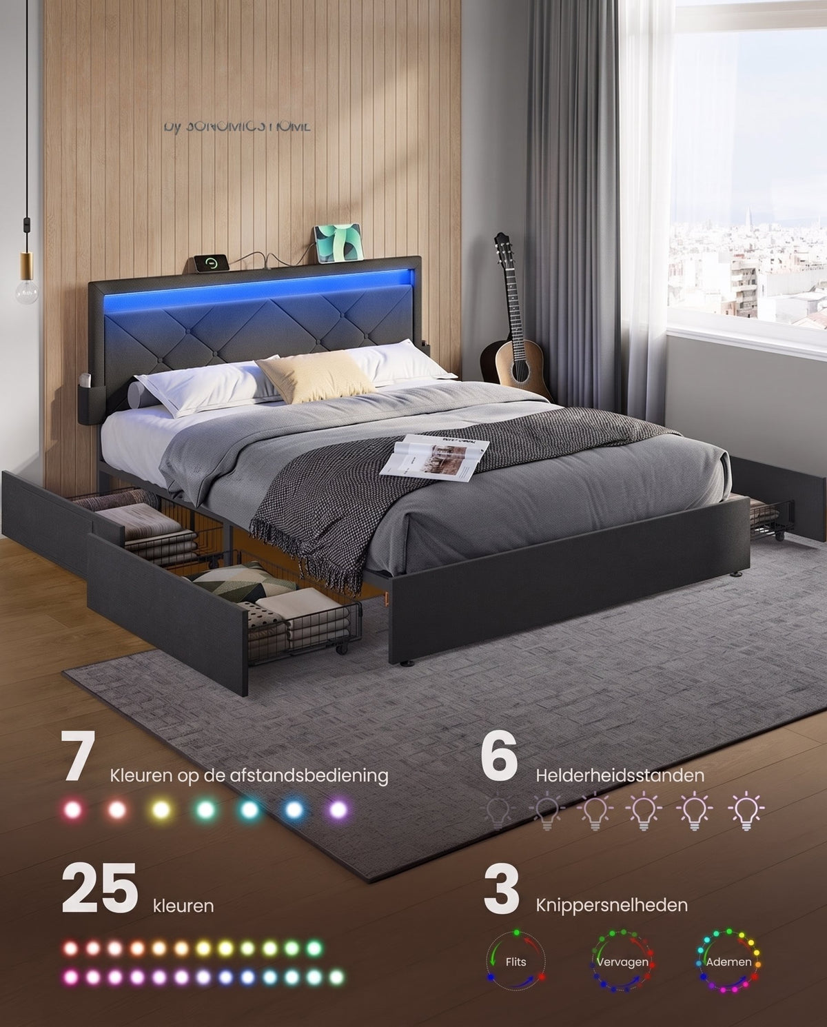 Gestoffeerd Bedframe met 4 Lades, Ledverlichting en Laadstation, Verstelbaar Hoofdbord