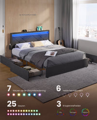 Gestoffeerd Bedframe met 4 Lades, Ledverlichting en Laadstation, Verstelbaar Hoofdbord