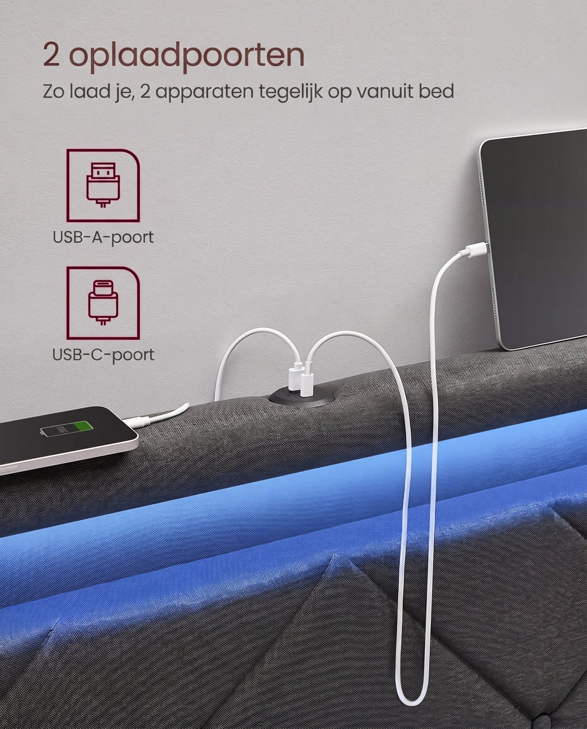 Gestoffeerd Bedframe met 4 Lades, Ledverlichting en Laadstation, Verstelbaar Hoofdbord