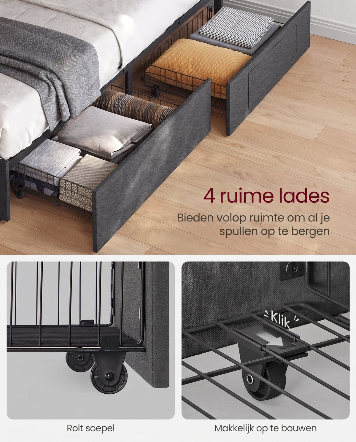 Gestoffeerd Bedframe met 4 Lades, Ledverlichting en Laadstation, Verstelbaar Hoofdbord