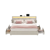 Gestoffeerd Bedframe met 4 Lades, Ledverlichting en Laadstation, Verstelbaar Hoofdbord