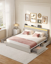 Gestoffeerd Bedframe met 4 Lades, Ledverlichting en Laadstation, Verstelbaar Hoofdbord