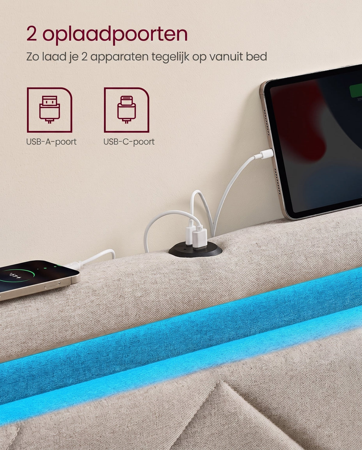 Gestoffeerd Bedframe met 4 Lades, Ledverlichting en Laadstation, Verstelbaar Hoofdbord