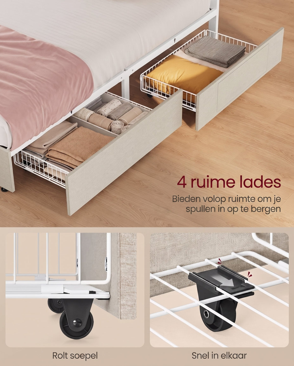 Gestoffeerd Bedframe met 4 Lades, Ledverlichting en Laadstation, Verstelbaar Hoofdbord