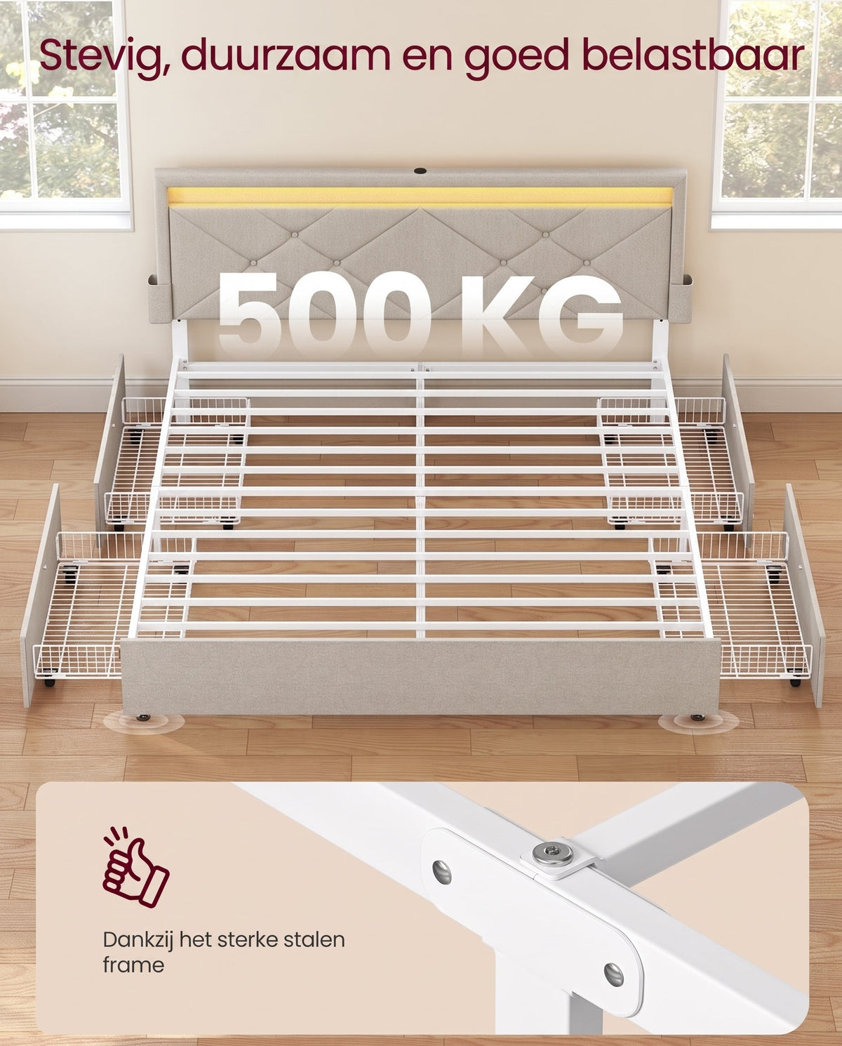 Gestoffeerd Bedframe met 4 Lades, Ledverlichting en Laadstation, Verstelbaar Hoofdbord