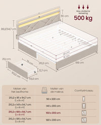 Gestoffeerd Bedframe met 4 Lades, Ledverlichting en Laadstation, Verstelbaar Hoofdbord