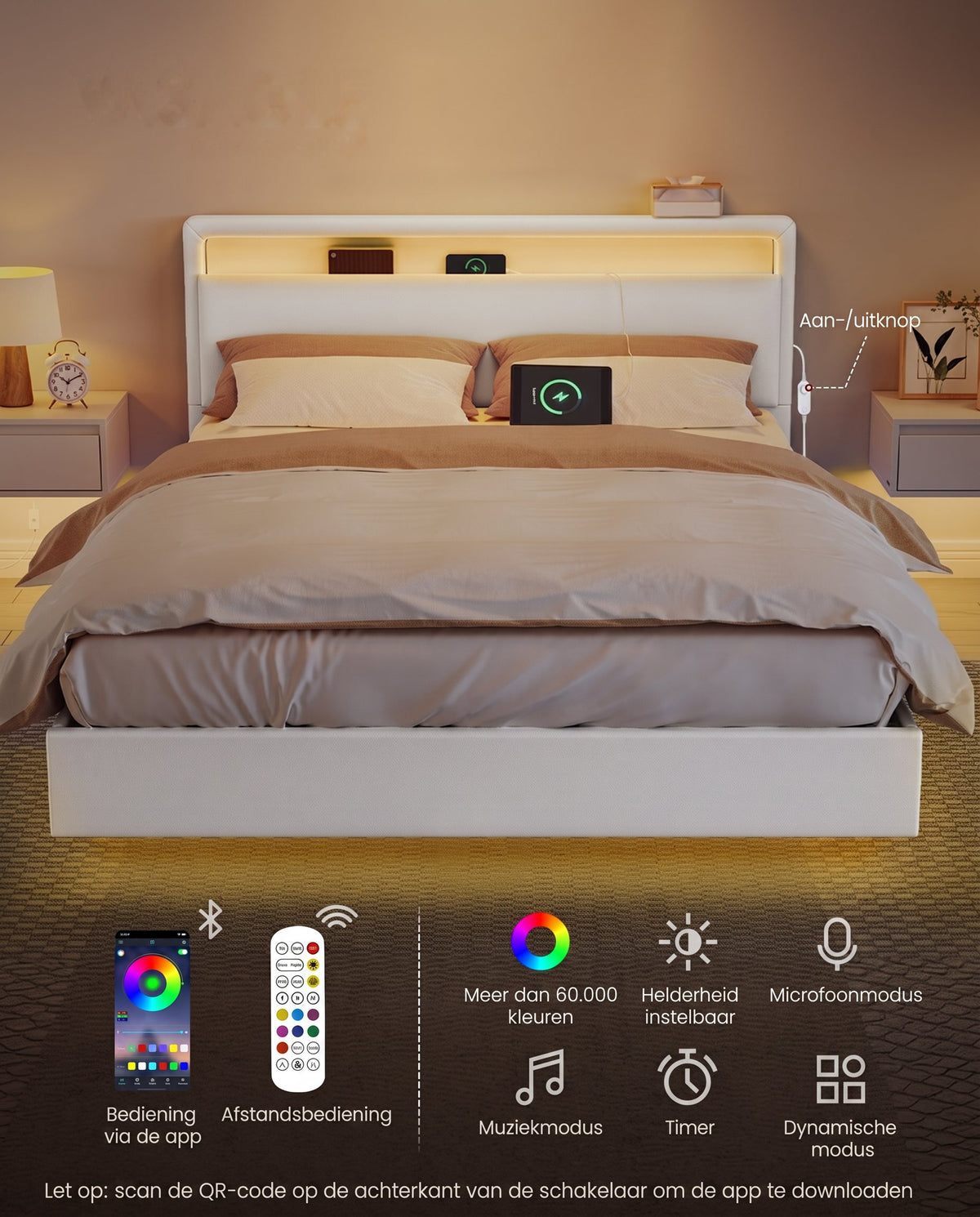 Bedframe met Zweefeffect, Ledverlichting en Laadstation, Wolkwit