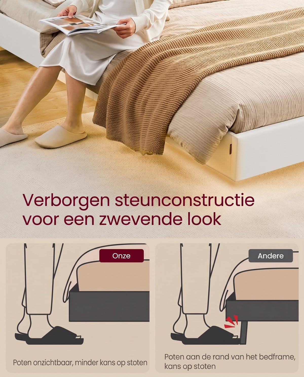 Bedframe met Zweefeffect, Ledverlichting en Laadstation, Wolkwit