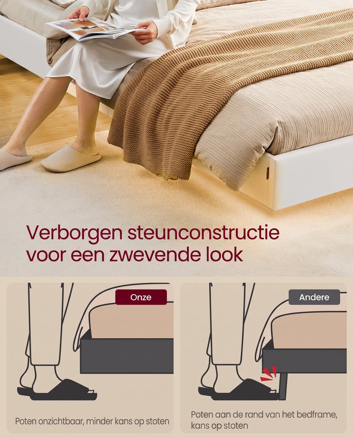 Bedframe met Zweefeffect, Ledverlichting en Laadstation, Wolkwit
