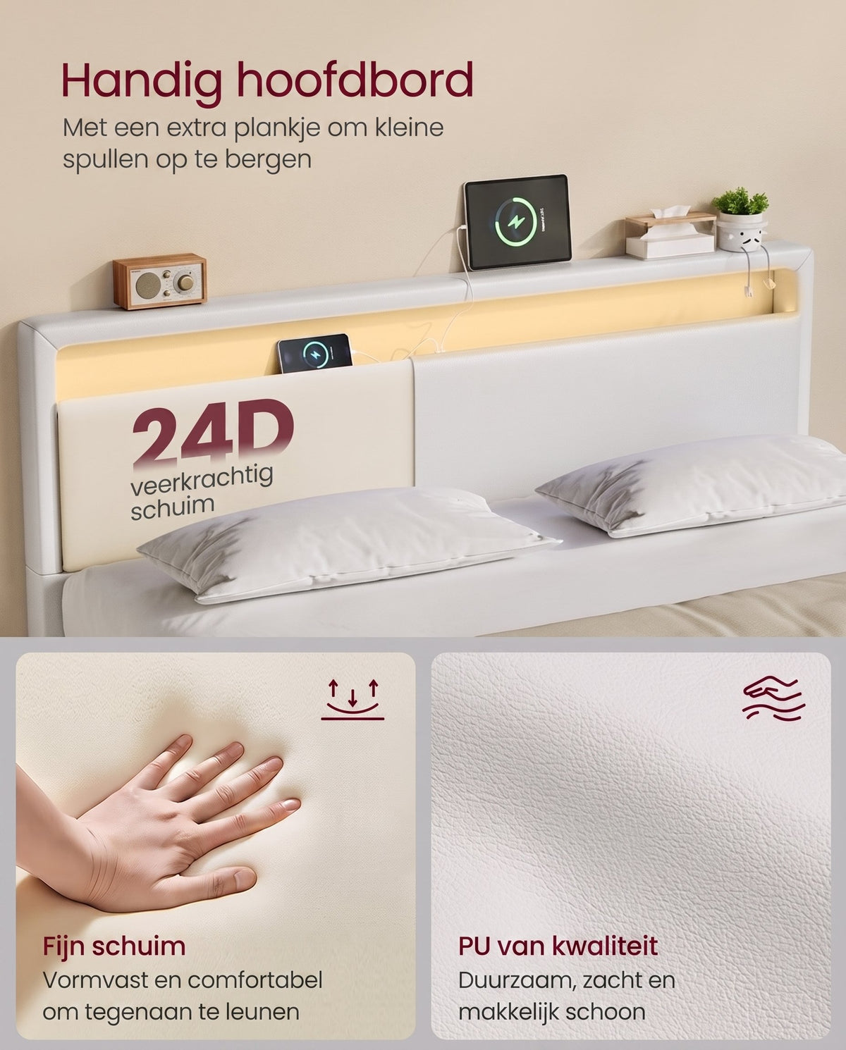 Bedframe met Zweefeffect, Ledverlichting en Laadstation, Wolkwit