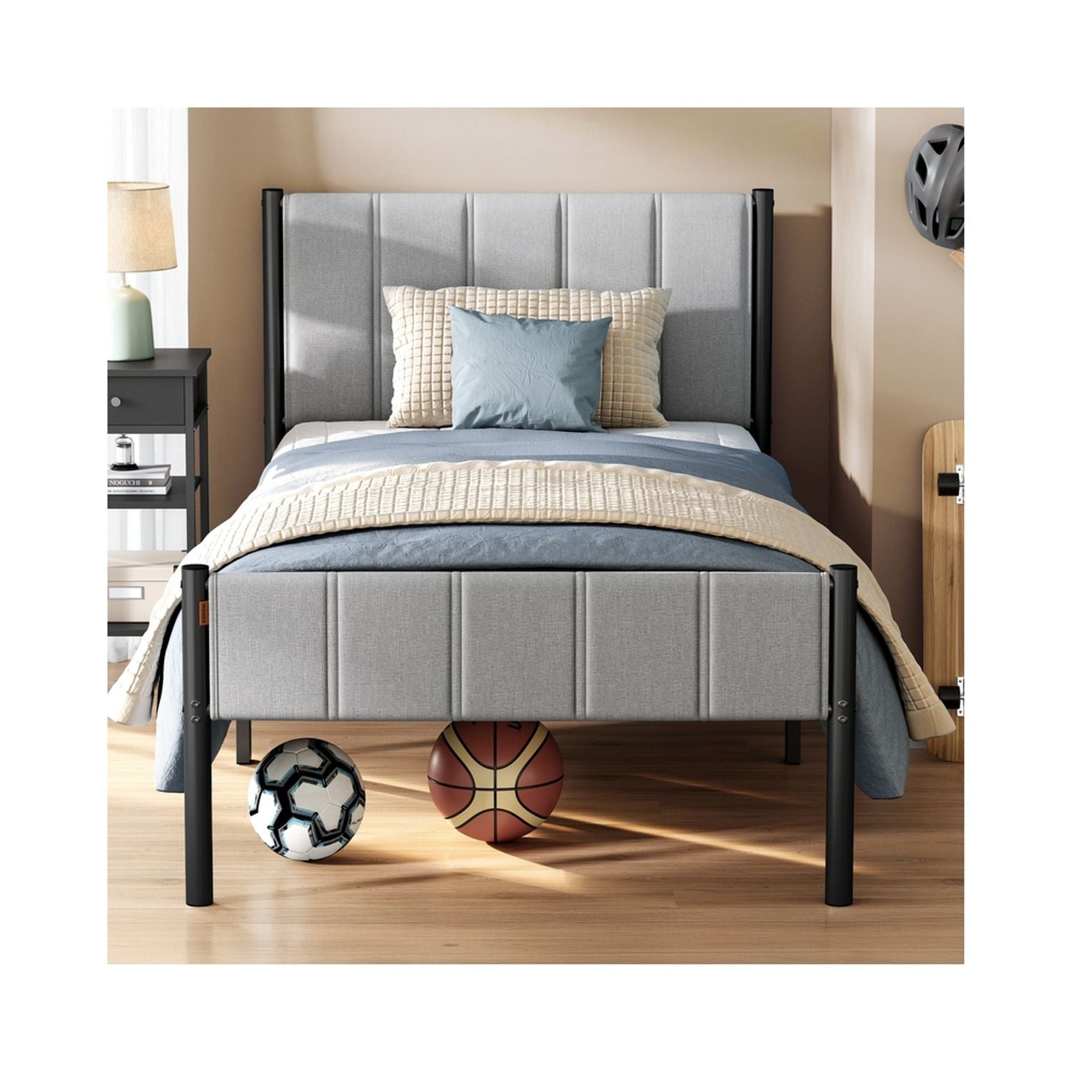 Bedframe met Zacht Hoofdbord en Stevig Metalen Frame, tot 250 kg