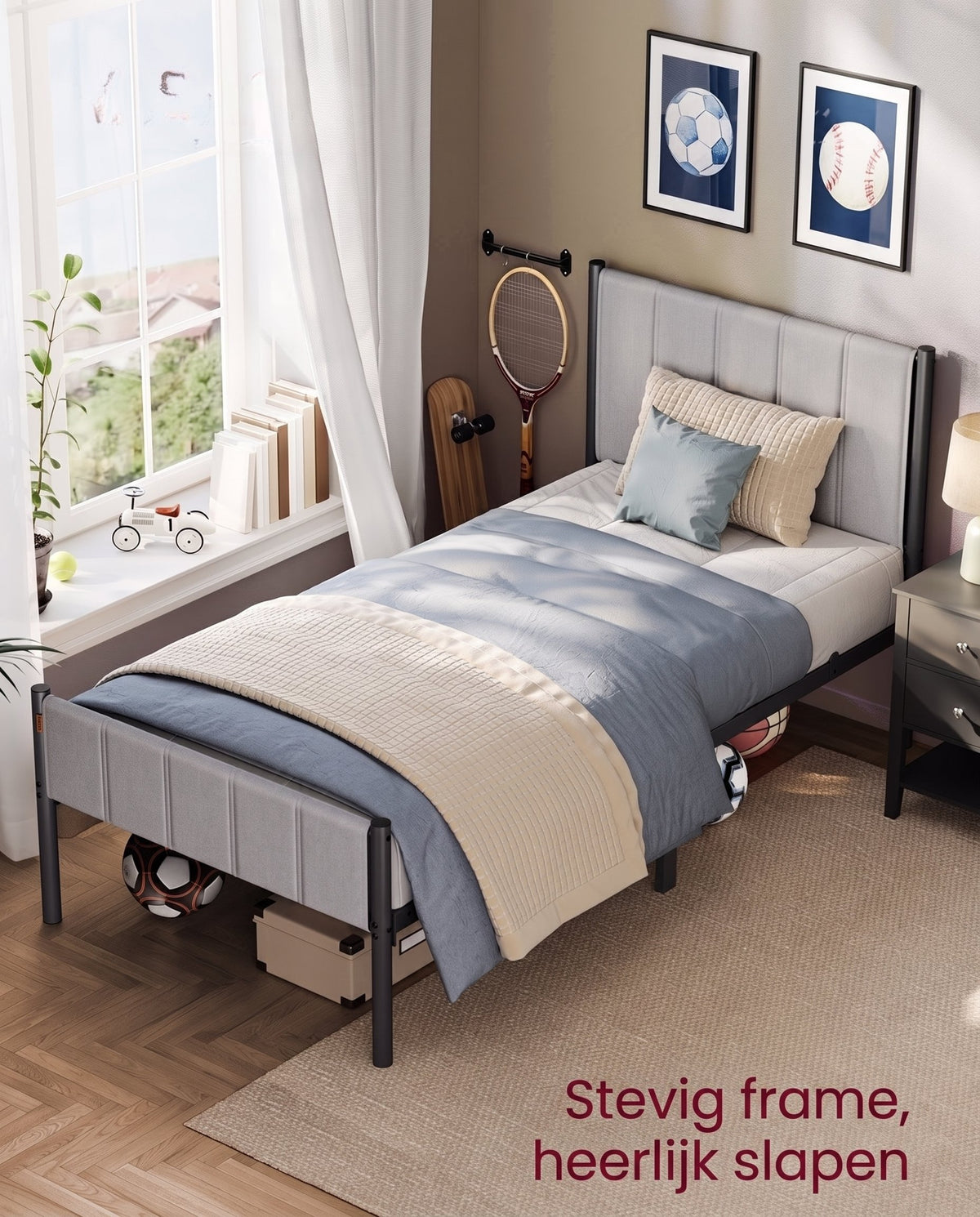 Metalen Bedframe met Zacht Gestoffeerd Hoofdbord, Duifgrijs